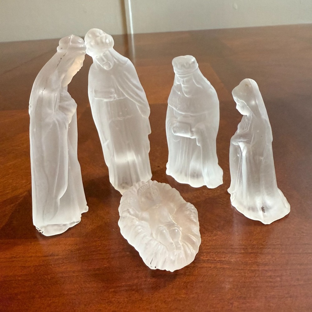 Frosted Glass Nativity Set 5 Piece Mary Joseph Wise Men Baby Jesus Vintage